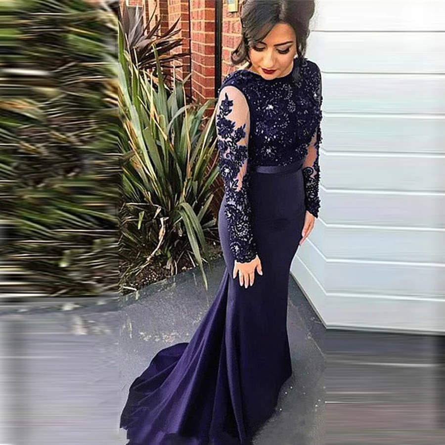 

Jewel Neckline Mermaid Evening Dresses With Lace Appliques Beading Dark Blue Long Sleeves Prom Dress vestidos longos de festa