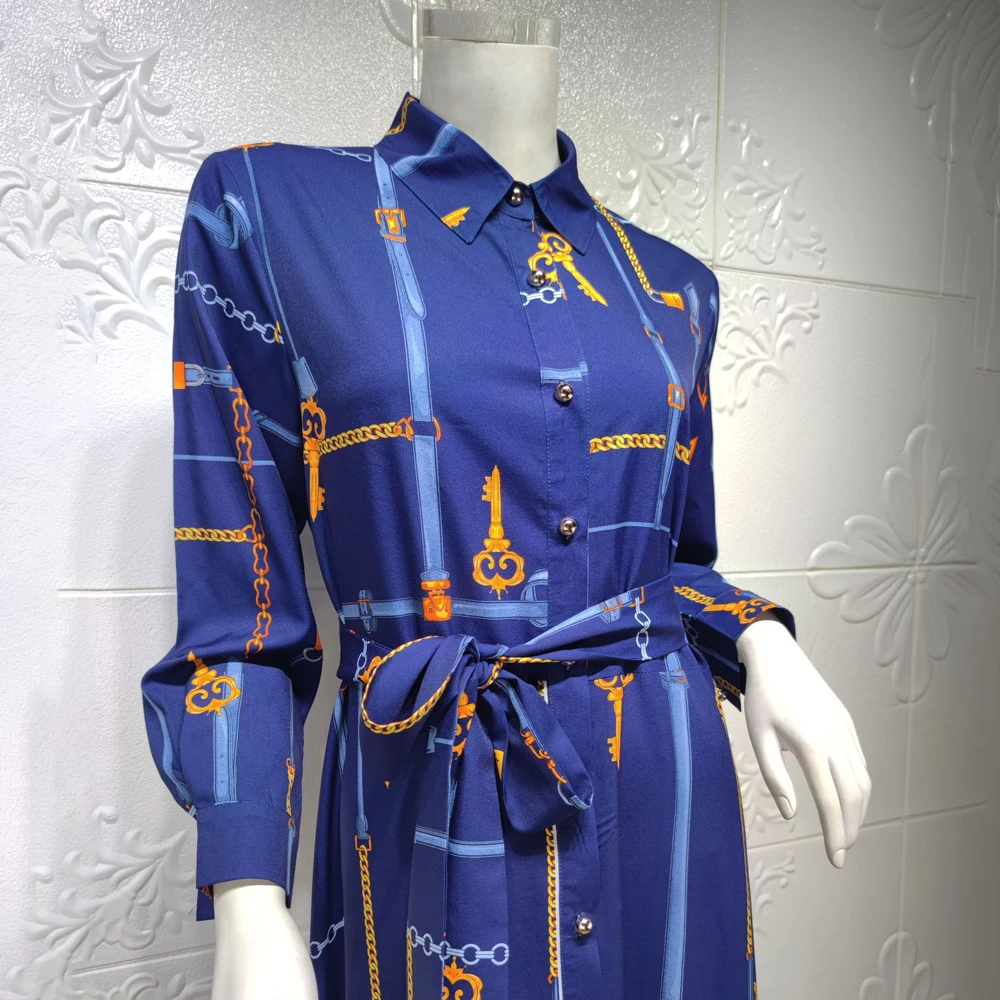 

2021 Autumn Women Shirt Dresses Ankara Dashiki Print Long Sleeve Abaya Kaftan Elegant Vintage Robe Fashion Office Lady Clothing