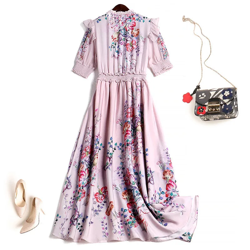 

Elegant Summer Stylish Beading V Neck Floral Print Woman Dress Chiffon Elastic Waist Party Beach Robe Femme Long Holiday Vestido