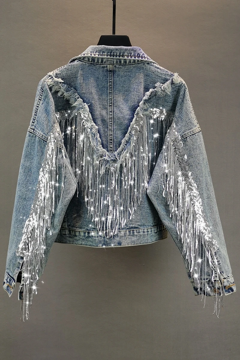 Jean Jacket Woman Fringed Sequined Denim Jacket 2020 Spring New Retro BF Loose Short Jeans Jacket Top Chaqueta Chaquetas Jackets images - 6