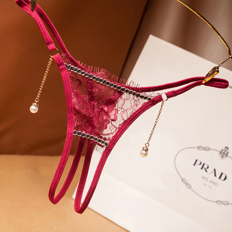 Сексуальное кружевное нижнее белье с вырезами и жемчугом женские стринги