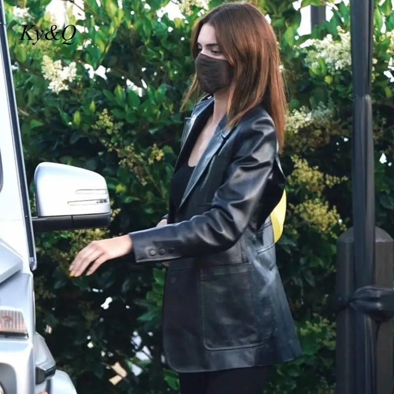 

2021 New Trend Women Two Piece Set Pu Leather Coat+Stretch Casual Pants Runway Fashion Lapel Long Sleeve Jacket Trousers Suits