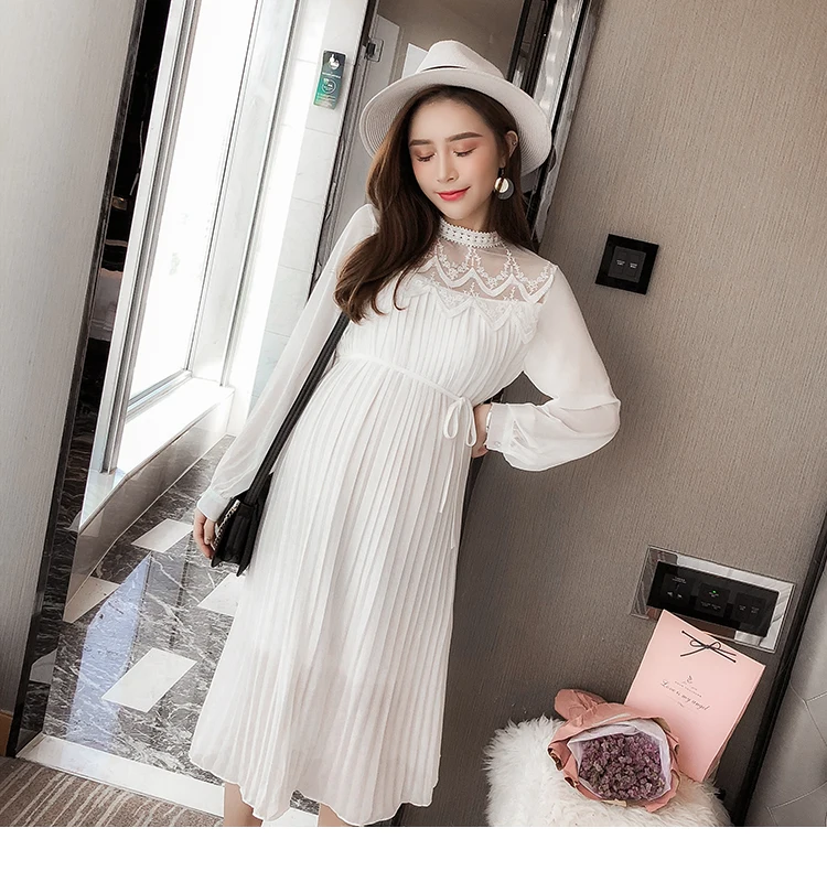 Envsoll Spring Autumn Maternity Dress Mom Long-sleeved Lace Pleated Chiffon Dress Maternity Clothes For Pregnant Women