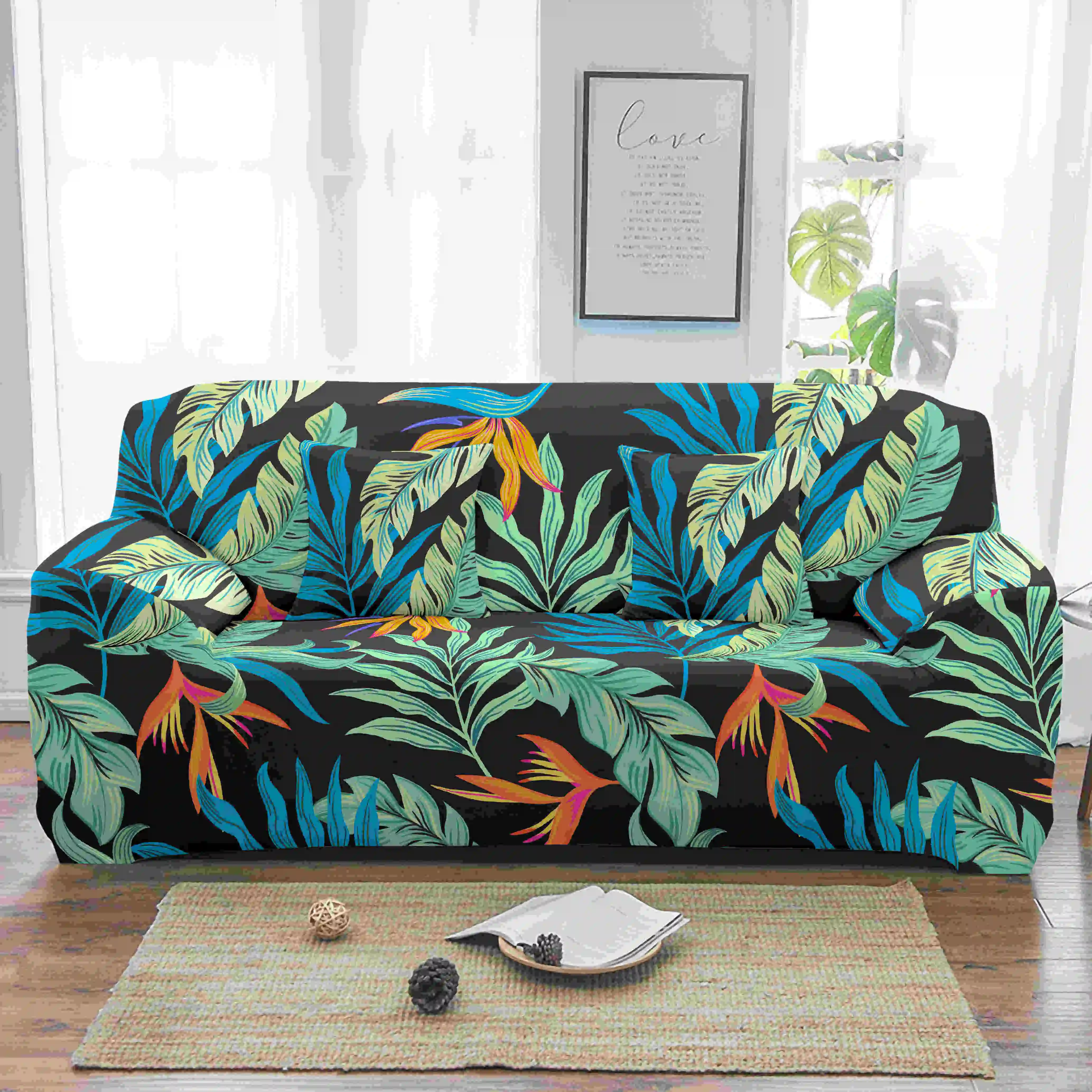 Homesky Tropical Leaves Elastic Sofa Cover for Living Room Flower Slipcover Stretch Armchair 1/2/3/4-seater | Дом и сад