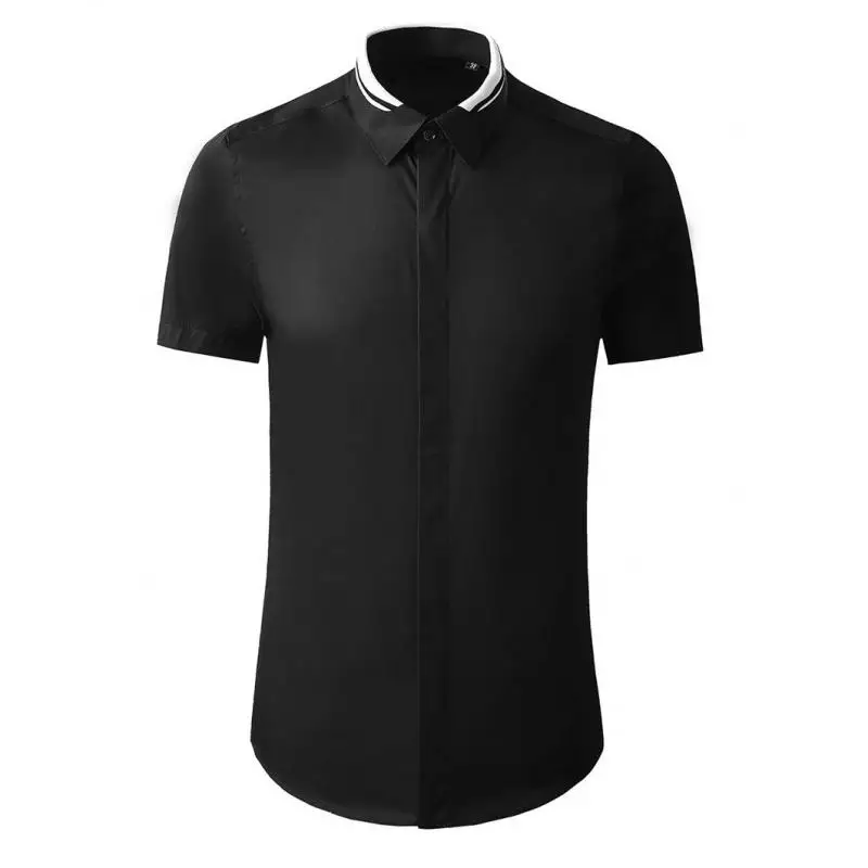 

2021 100% Cotton Male Shirts Luxury Black And White Rib Short Sleeve Casual Man Shirts Fashion Slim Fit Mens Dress Shirts 3XL