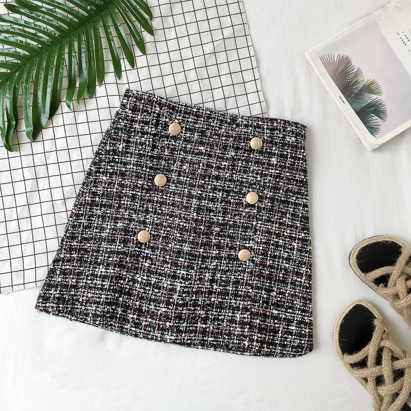 Женская твидовая юбка на пуговицах винтажная Осенняя мини карандаш шерстяная