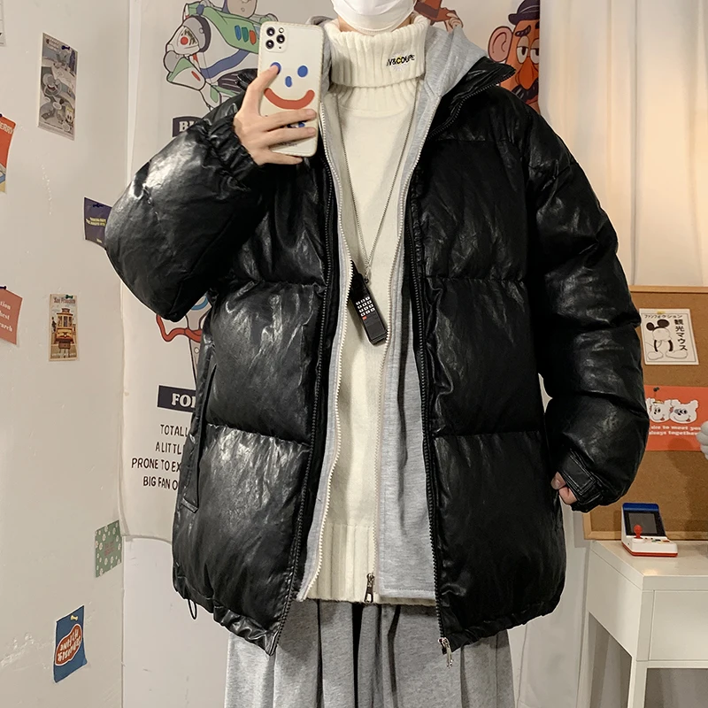 

Faux Leather Patchwork Puffer Jacket with Hood for Men Winter Fashion Trends Casual Clothing Teen PU Windbreaker Coat Streetwear