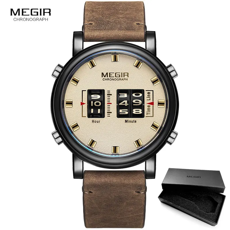 ML2137G-Brown black MEGIR новые часы с верхним ремешком Мужские Военные Спортивные коричневые кожаные кварцевые наручные часы Роскошные барабанные роликовые часы relogio masculino 2137 - Цвет: ML2137G-Brown black