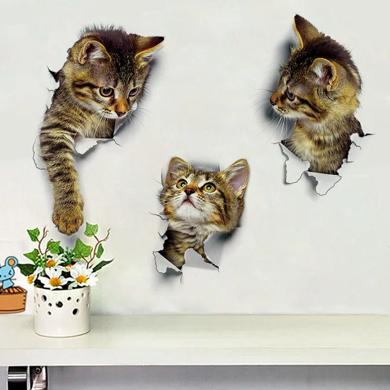 

Cat Vivid 3D Smashed Switch Wall Sticker Bathroom Toilet Kicthen Decorative Decals Funny Animals Decor Poster PVC Mural Art