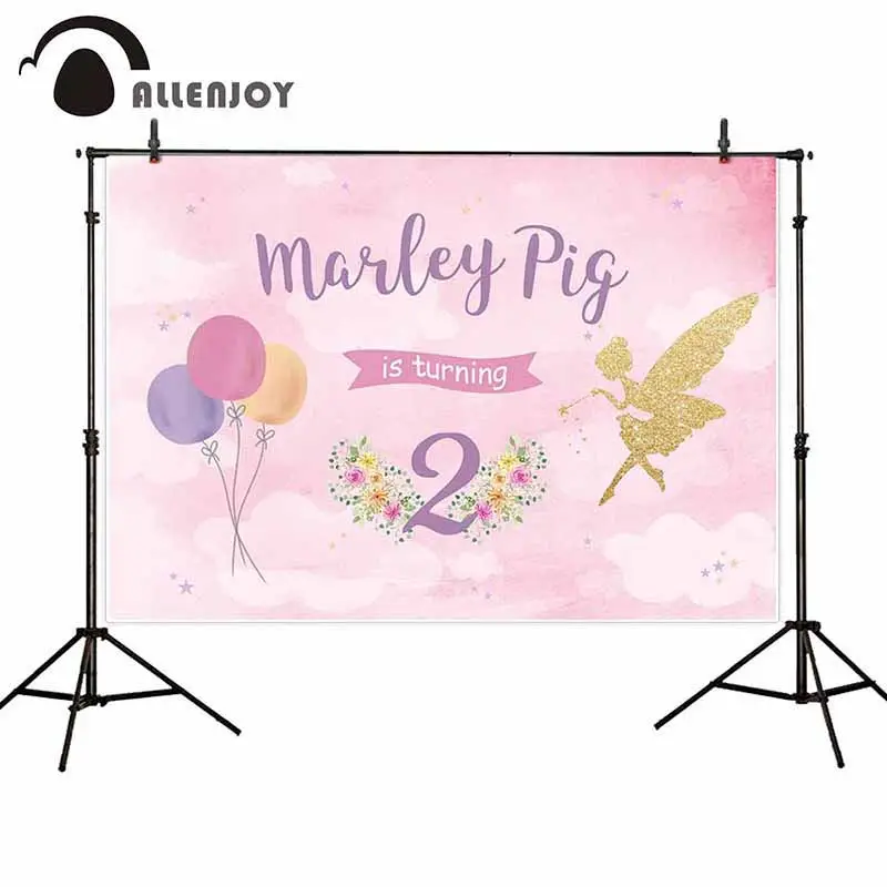 

Allenjoy happy 2nd birthday party photography backdrop flower ballons gold Fairy banner background pink girl custom photophone