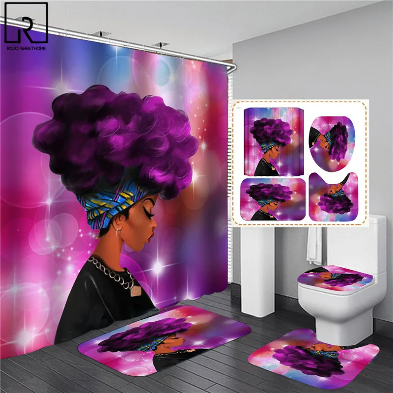 elegant african black woman print shower curtain set american girl polyester bathroom curtains anti slip bath mats carpets rugs free global shipping