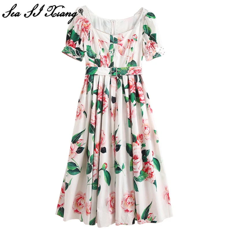 

Seasixing Fashion Designer Summer Cotton Dress Women Square Collar Puff Sleeve Rose Floral Print Crystal Diamond Bohemian Dress