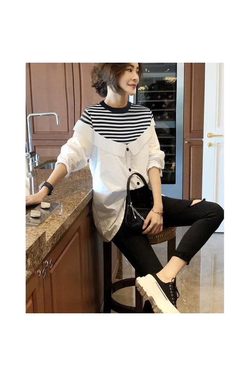 

2021 Spring's New Two-piece Striped White Shirt Women's Long Sleeve Loose Casual Top