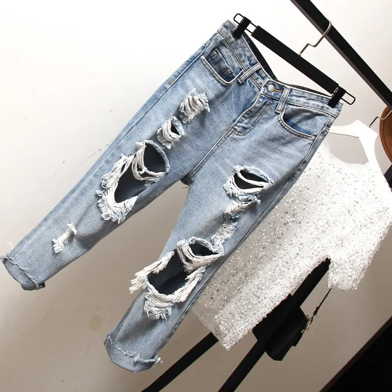 Женские джинсы оверсайз свободные облегающие винтажные шаровары с дырками