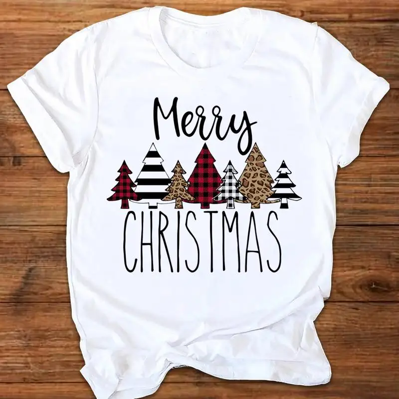 

Women Plaid Winter Season Cute Graphic Tees Clothing Merry Christmas Print Tops Female Holiday Short Sleeve T Shirt T-shirt
