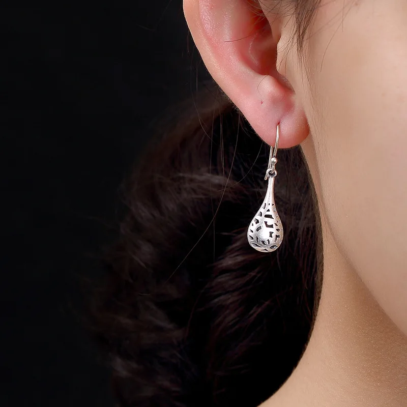 

Buyee Pure 925 Sterling Silver Ethnic Style Dangle Earring Aristocratic Style Openwork Flower Gray Earring for Women Jewelry