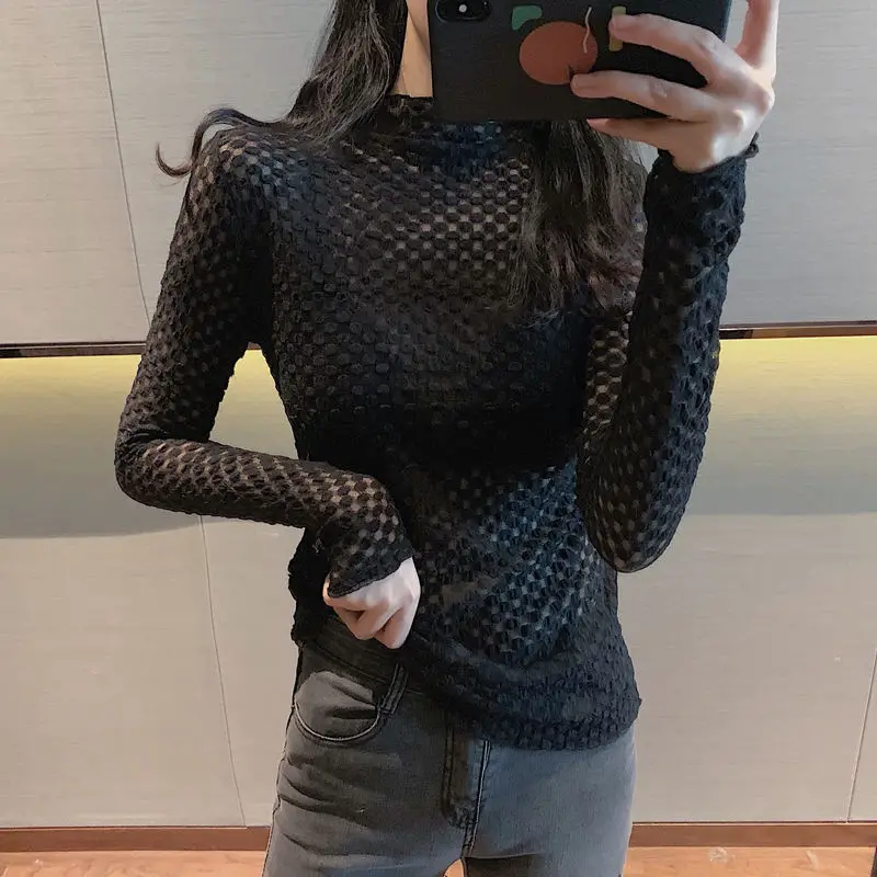 

with perspective half New high collar lace top watch out for the trend of women s long sleeve bottoming