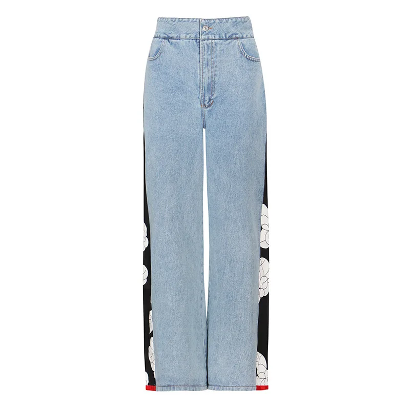 

Early Patchwork Contrast Hanging High Waist Skinny Washed Comfortable Wide Leg Jeans 28801