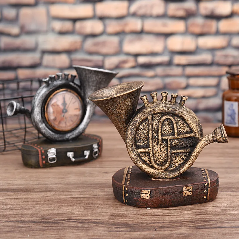 

[New] Vintage Sculpture Simulation saxophone luggage clock model Statue Art Carving Resin artware Figurine Home Decorations