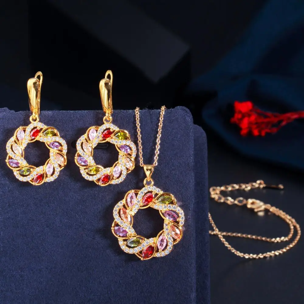 Фото CWWZircons Роскошный комплект украшений из кубического циркония: ожерелье и серьги с разноцветными камнями, в стиле Дубай/Индия, золотой, для женщин, для вечеринок, T470 №1