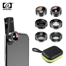 APEXEL 6 in 1 Phone Camera Lens Fish Eye Lens Wide Angle macro Lens cpl Filter 2X tele for iPhone huawei all phones dropshipping