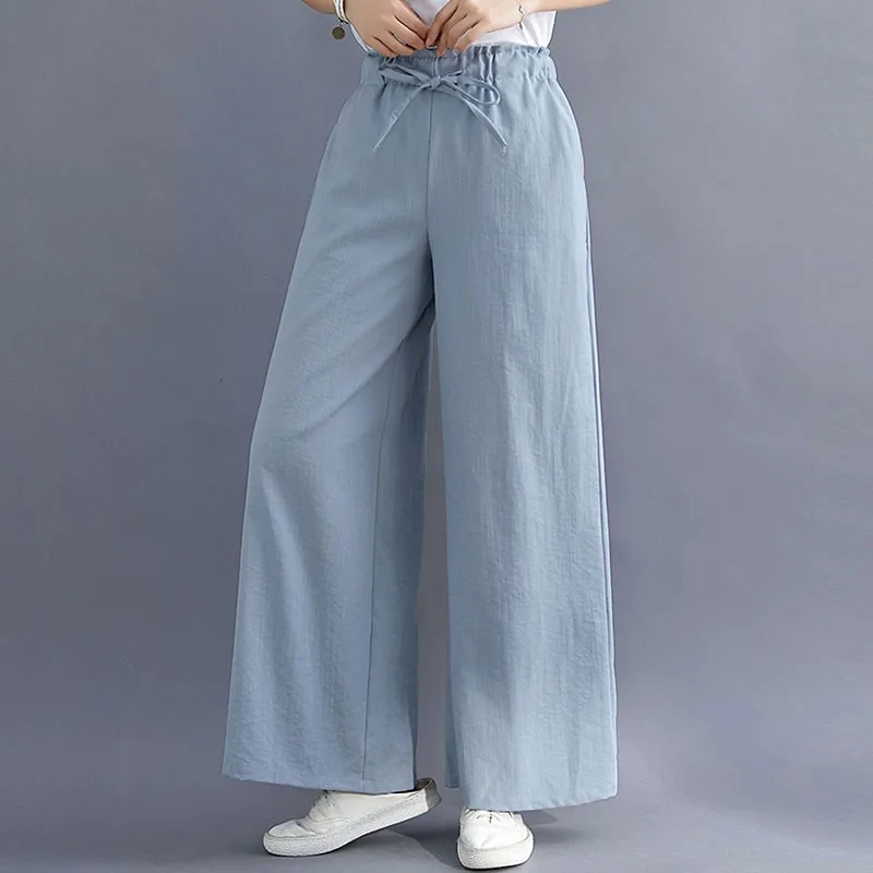 

Women Cotton Linen Wide Leg Pants New Arrival 2021 Spring Simple Style Solid Color Elastic High Waist Female Casual Pants S3054