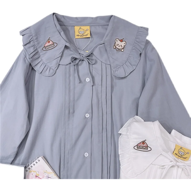 

Soft Sister Blouse Female NEW Japanese Sweet Embroidery Bear Cake Doll Collar Shirt Girl Spring Fall Base Tops Bestie Blue White
