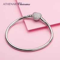 athenaie 925 sterling silver snake chain with pave clear cz heart clasp bracelet fit all european charm beads valentine jewelry