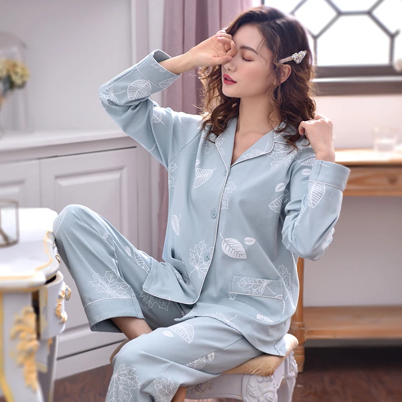 Autumn 100% Cotton Pajamas for Women 2020 Winter Pijamas 2PCS Lounge Sleepwear for Ladies PJ 100 Cotton Pyjama Blue Leisure Wear