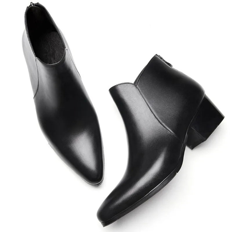 

High Heel Pointd Toe Zip Genuine Leather Ankle Boots Men Autumn Winter High Top Height Increase Shoes Mens Business Work Boots