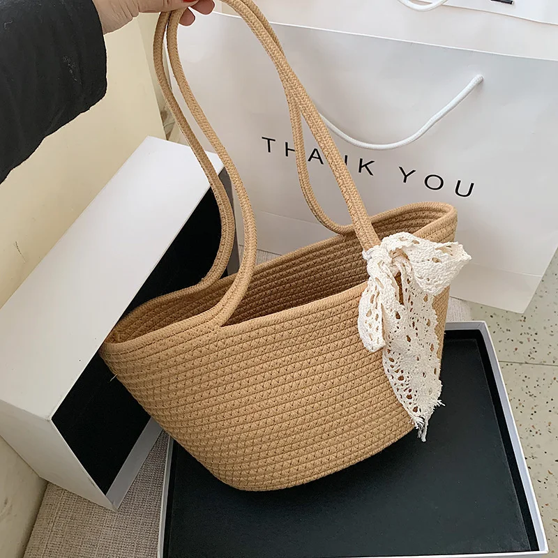 

Women Straw Bag Summer 2021 Female Single Shoulder Bags Lace Decoration Handbag New Summer Trend Beach Bag Simple Woven Bags