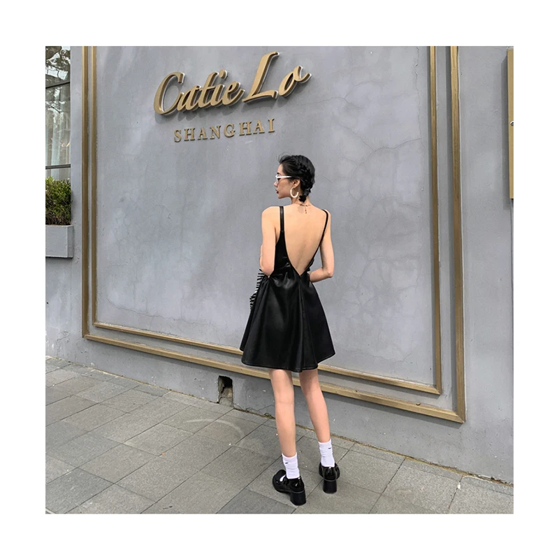 

2021 Summer Strap PU Leather Women Dresses Vintage Black Dress Stylish Clothing Casual Sexy Party Mini Women's Leather Dress y2k