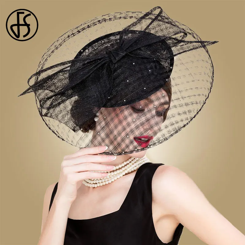 

FS Black Kentucky Derby Hats For Women Elegant Sinamay Wedding Church Ladies Fascinator Hat Female Fedoras