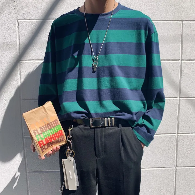 

Футболка мужская в полоску, модная повседневная хлопковая рубашка с круглым вырезом, универсальная свободная уличная одежда с длинными рук...