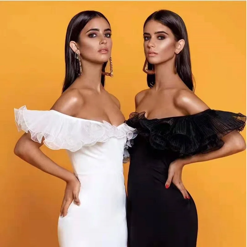 Элегантное Белое черное платье с открытыми плечами вечерние Для женщин