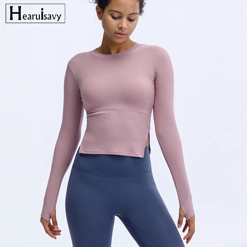 

With Chest Pad Ribbing Fitness Workout Tops For Women Sport Gym Crop Top Stretchy Long Sleeved Slim Running Wear Yoga Shirts