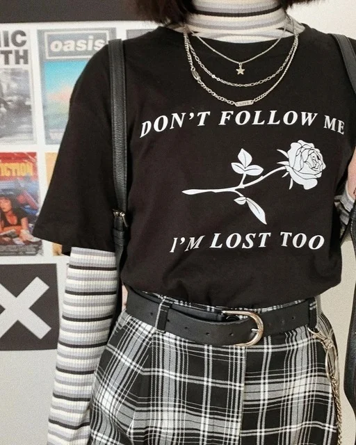 

Kuakuayu HJN Don't Follow Me I'm Lost Too Letter Rose Printed T Shirt Cotton Fashion Street Style Outfits for Female