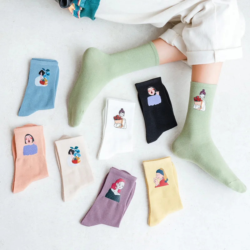 

10 pieces = 5 pairs Women Cotton socks 2020 New Style Autumn and Winter Cartoon Hot Stamping All-match Students' Socks women