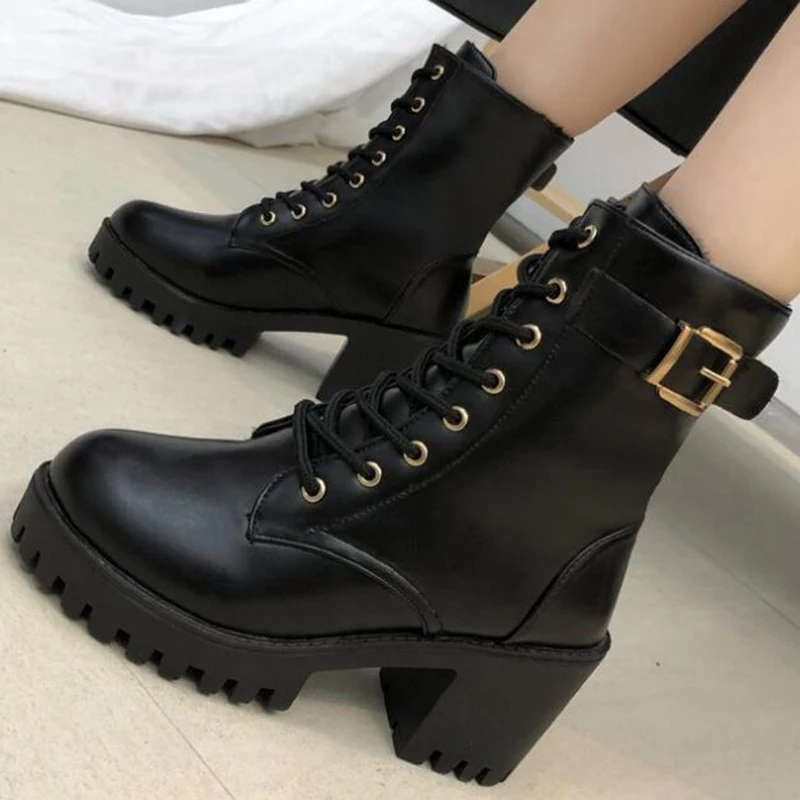 Модные женские ботинки Сезон весна-осень Кожаные короткие ботиночки на высоком