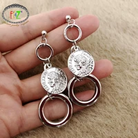 f j4z new vintage silver color coin earrings punk circle chain simulated pearl drop earrings for party womens jewelry dropship