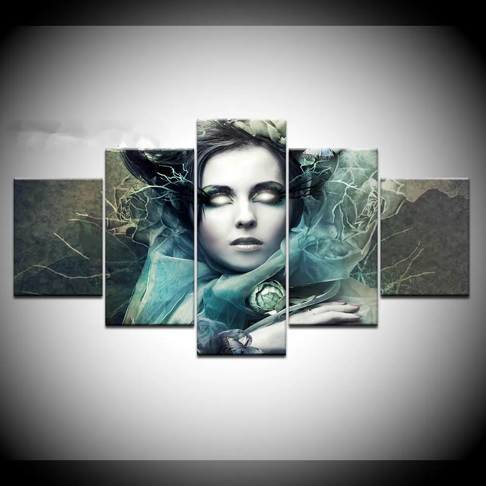 5 панелей цветок белые глаза девушка портрет холст печать настенная живопись