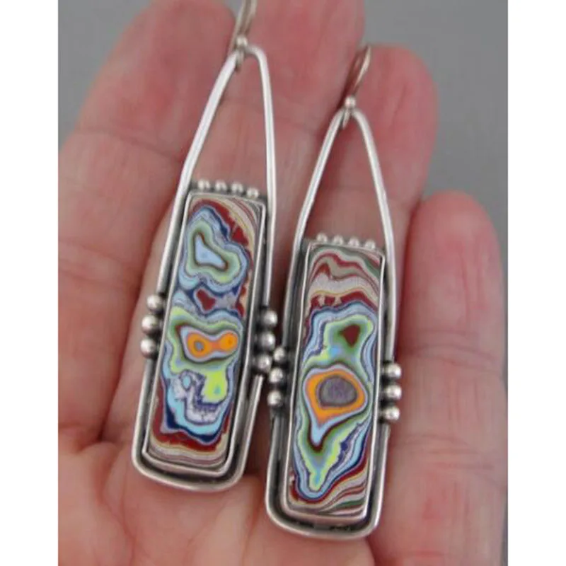 Vintage Water Drop Colorful Resin Stone Earrings Boho Jewelry Spiral Marbling Pattern Big Dangle for Women | Украшения и