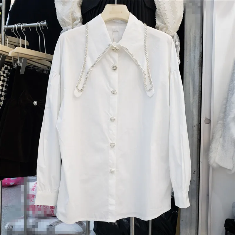 

2022 Spring Autumn New Rhinestone Beaded Loose Shirt Women Long Sleeve Drill Buckle Top Office Lady Blouse Blusas Femme Blouses