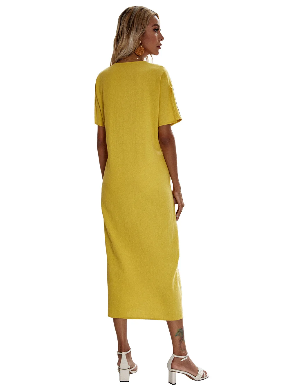 

2021 summer new product fresh and versatile V-neck tie-waist cotton dress yellow long skirt female
