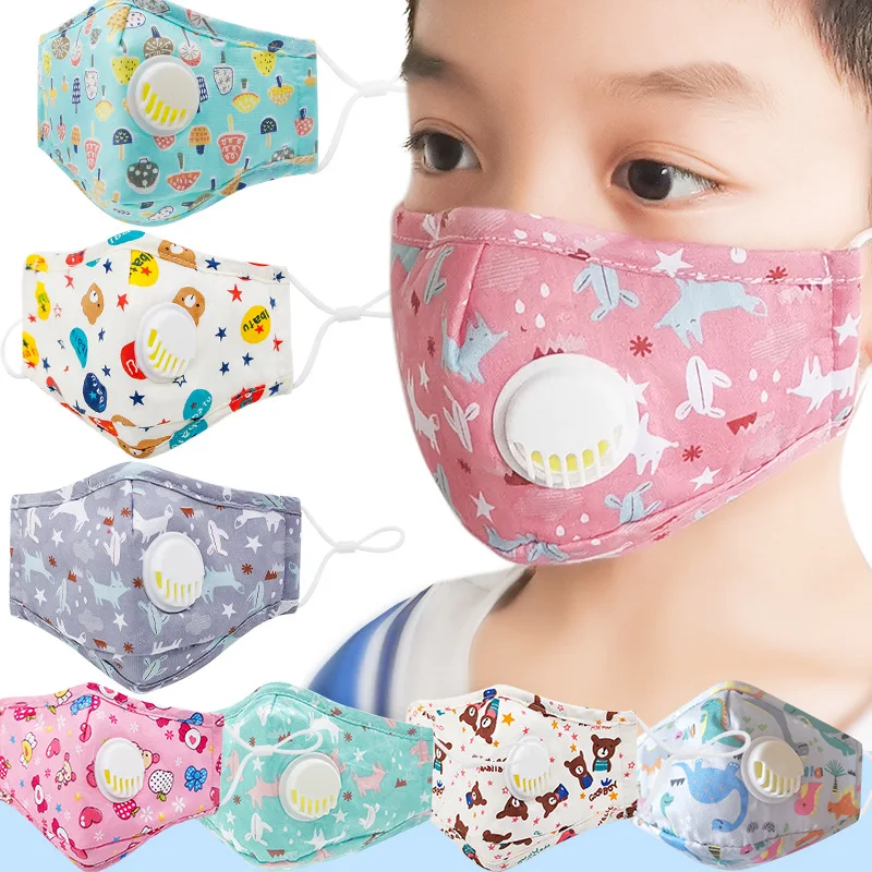 

For 5-12 Aged Children Cotton Mask Breathing Valve Mask with Filters Pocket Cartoon Animals Print Windproof Mouth Masks for Kids