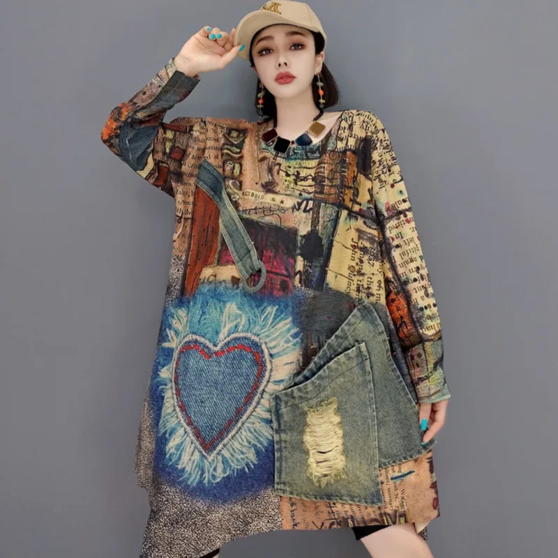 Женский джинсовый свитер с вышивкой QING MO Свободный пуловер большого размера