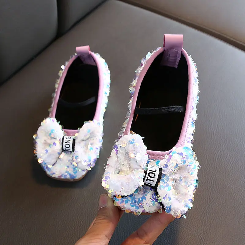 

2021 Princess Kids Leather Shoes for Girls Flower Casual Glitter Children High Heel Girls Shoes Butterfly Knot Blue Pink Silver