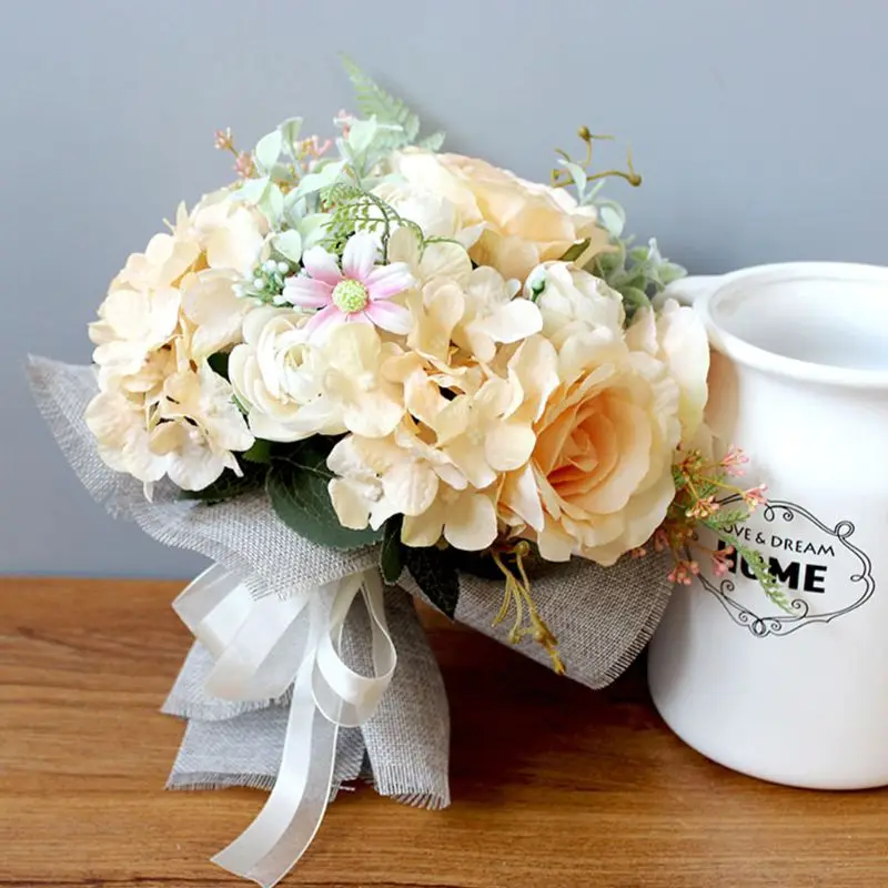 

Beautiful Romantic Colorful Artificial Rose Flower Blossom Fake Bouquets With Linen Cloth Wrapped Home Wedding Party