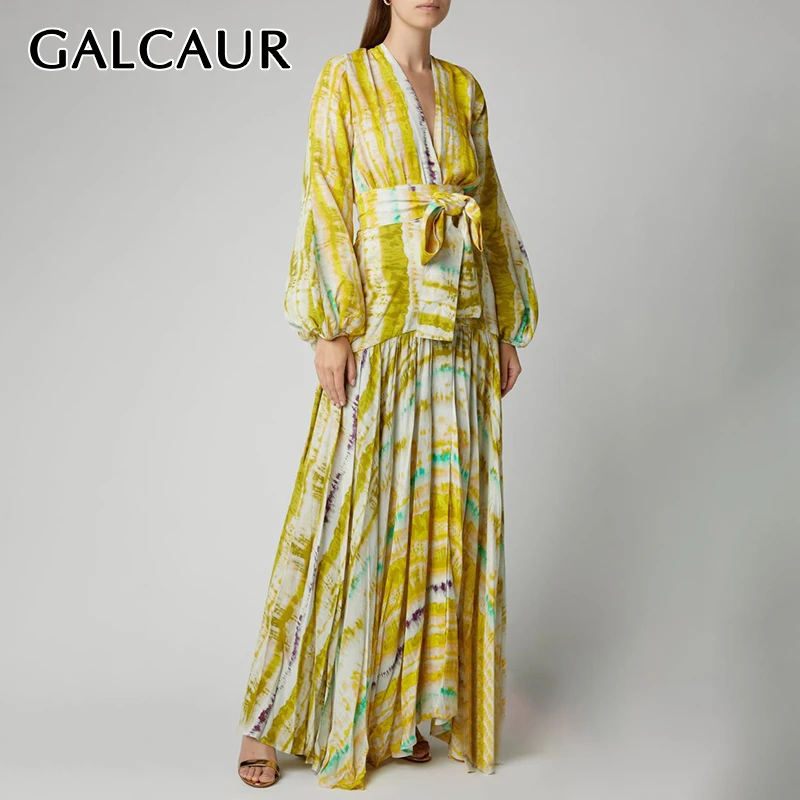 Женское платье макси в полоску с V образным вырезом и рукавами фонариками|Женские