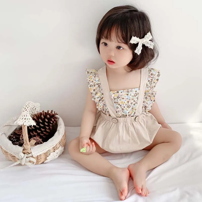 

Summer Baby Girls Bodysuit Strap Floral Sleeveless Infant Jumpsuits V Shape Backless Princess Newborn Girls Clothes Outfit